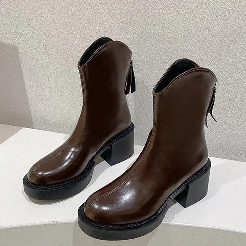 Amozae-Square Heel Fashion Short Boots For Women Autumn Cow Leather Shoes Zipper High Heels Ladies Pumps 2024 New Female Mid-calf Boots