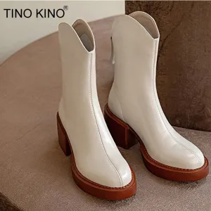 Amozae-Square Heel Fashion Short Boots For Women Autumn Cow Leather Shoes Zipper High Heels Ladies Pumps 2024 New Female Mid-calf Boots