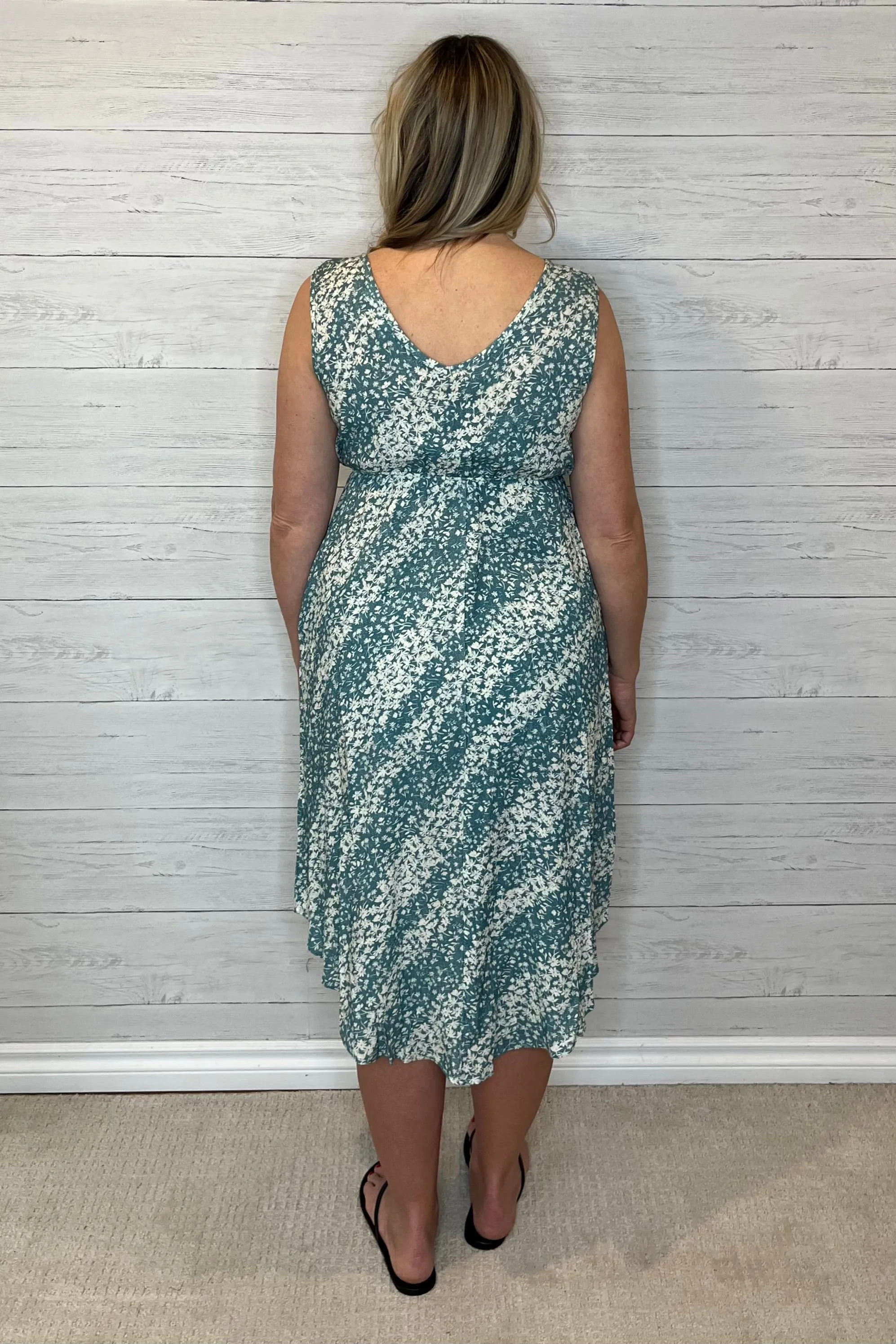 Bloom Floral Midi Dress with Pockets - Dusty Teal