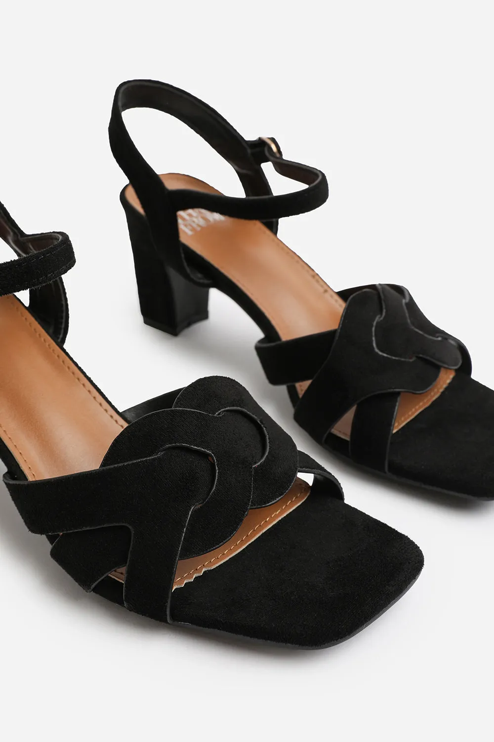 CALLIE WIDE FIT LOW BLOCK HEEL WITH BRAIDED DETAIL IN BLACK SUEDE