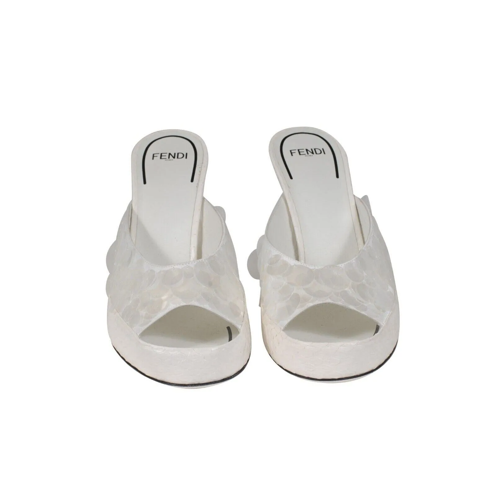 Fendi Sequin Python Heels White Leather Ruffle