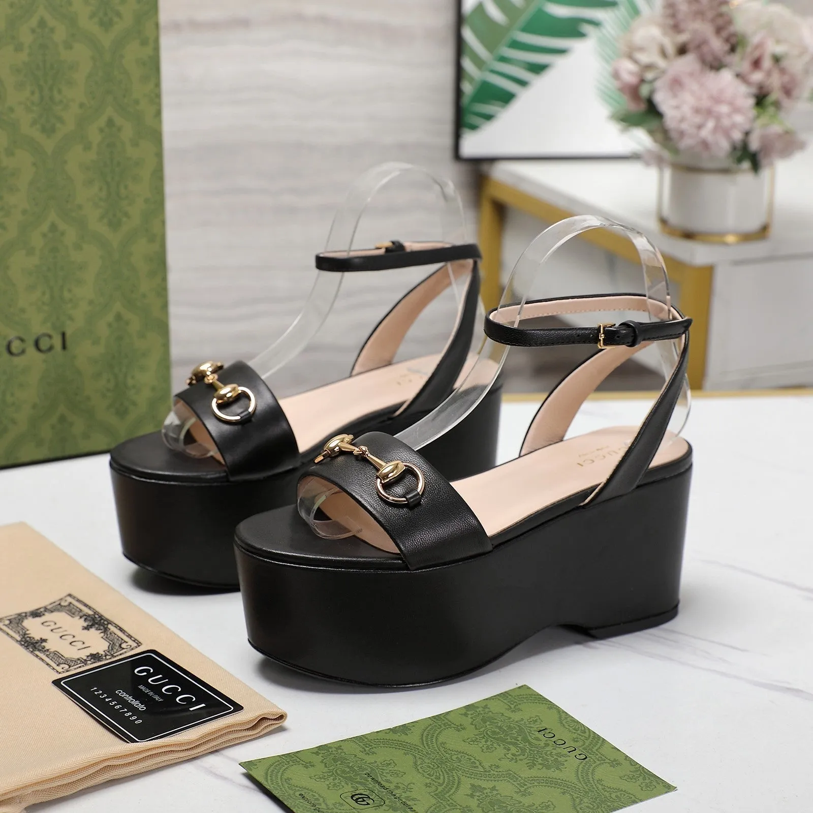 GG  Horsebit Wedges Sandals Black