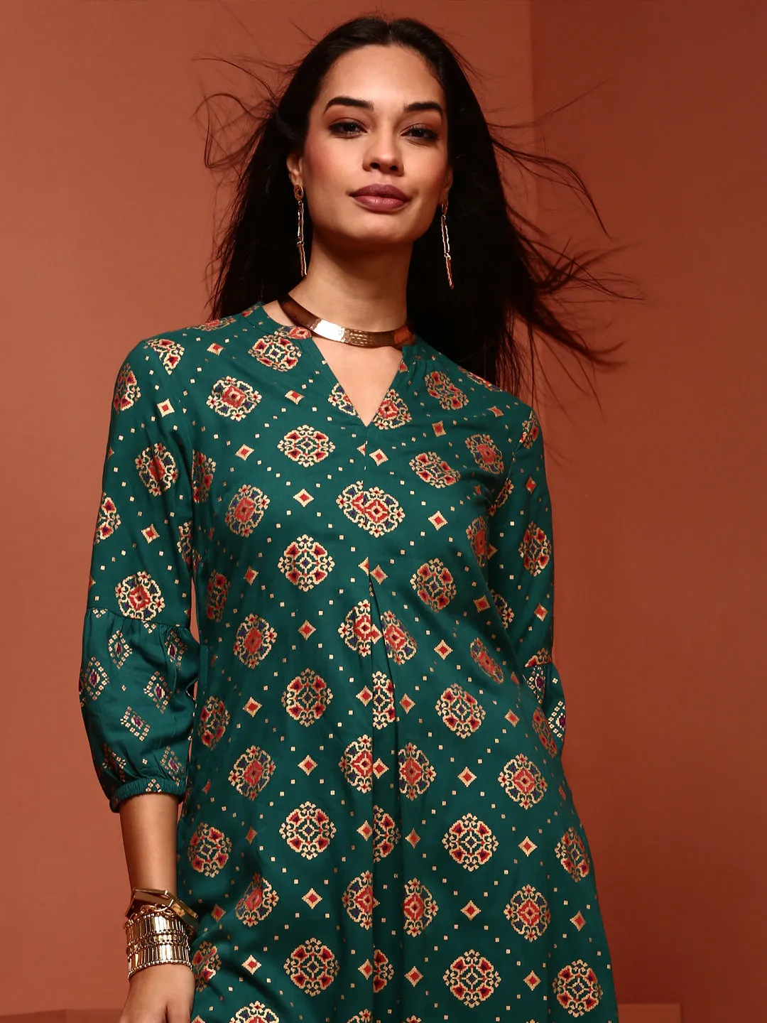 Green Printed A-line Kurta