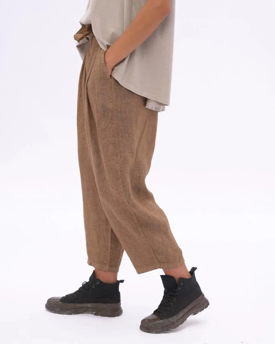 Linen Drawstring Pleated Pants - Sand