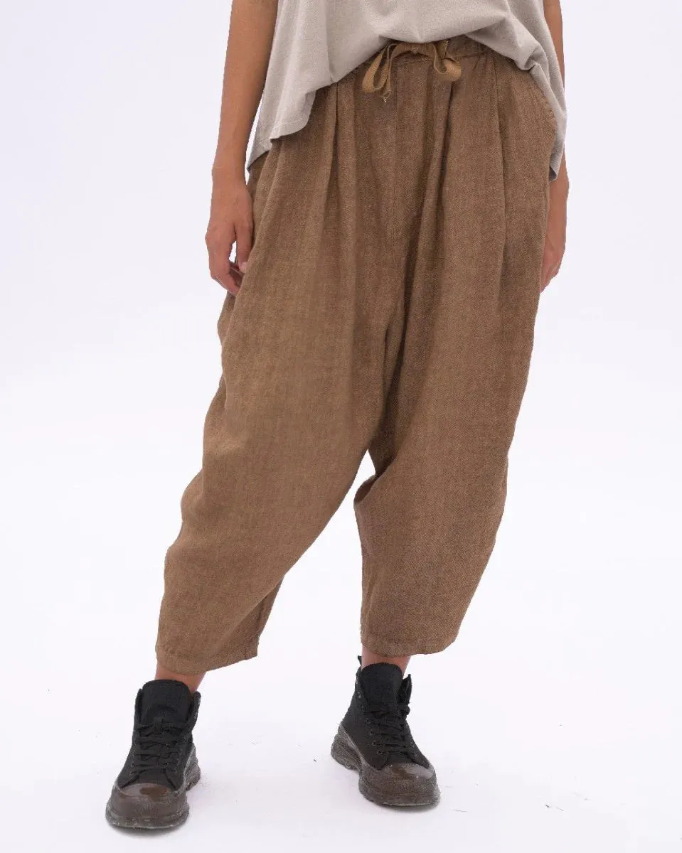 Linen Drawstring Pleated Pants - Sand