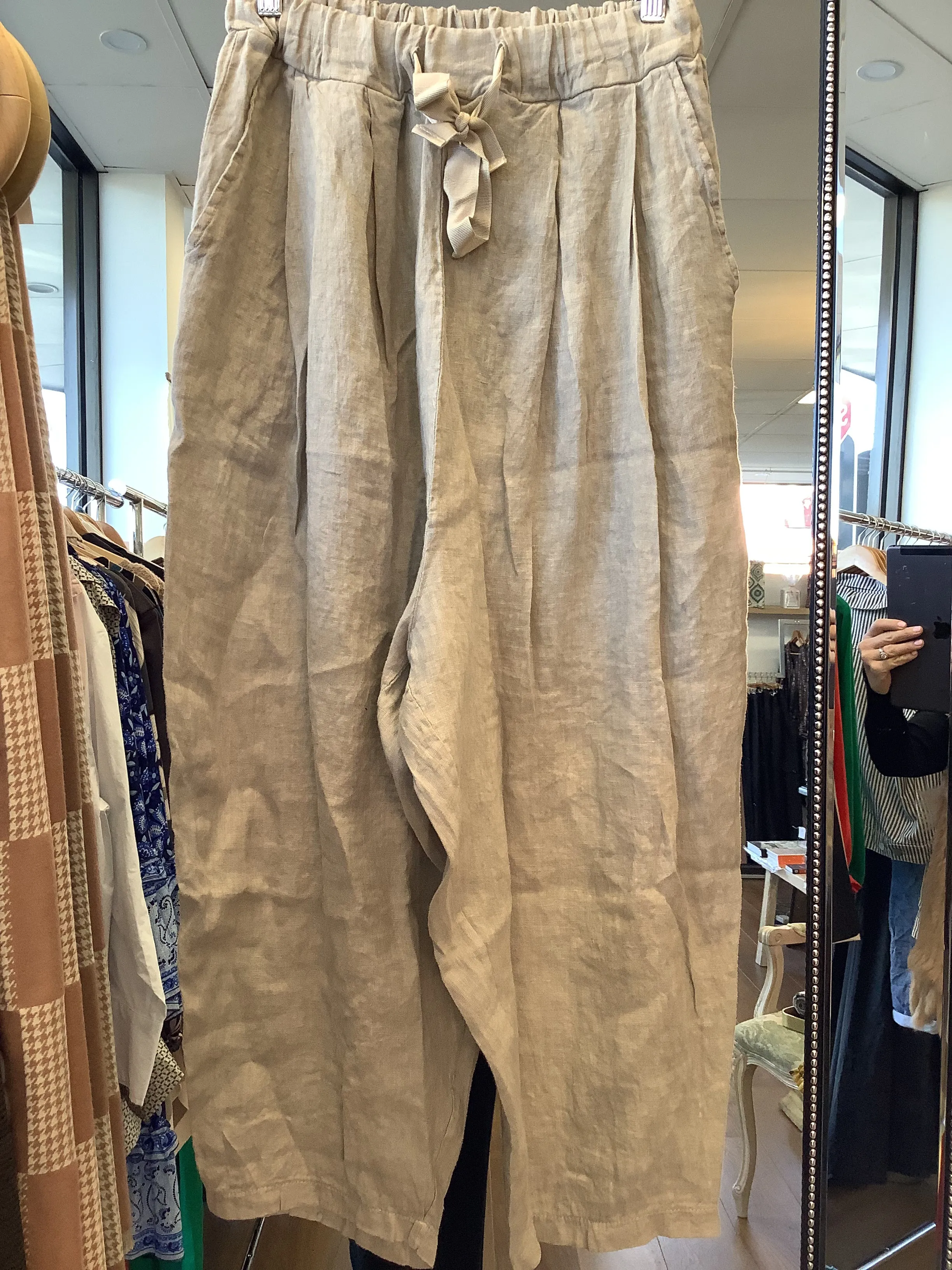 Linen Drawstring Pleated Pants - Sand