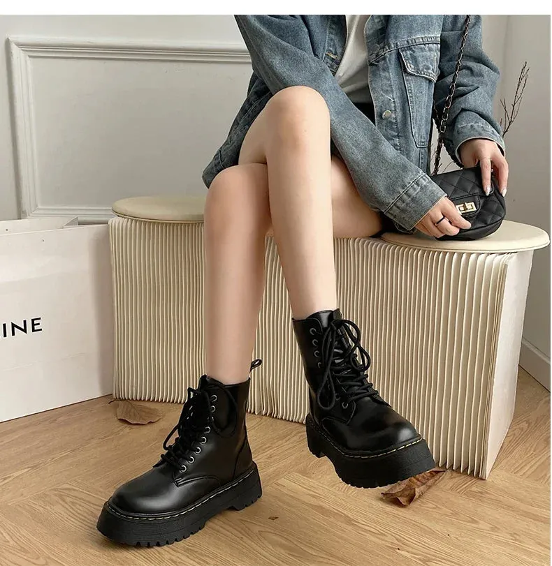 Martens lace up chunky fall winter lace up leather boots for the ladies