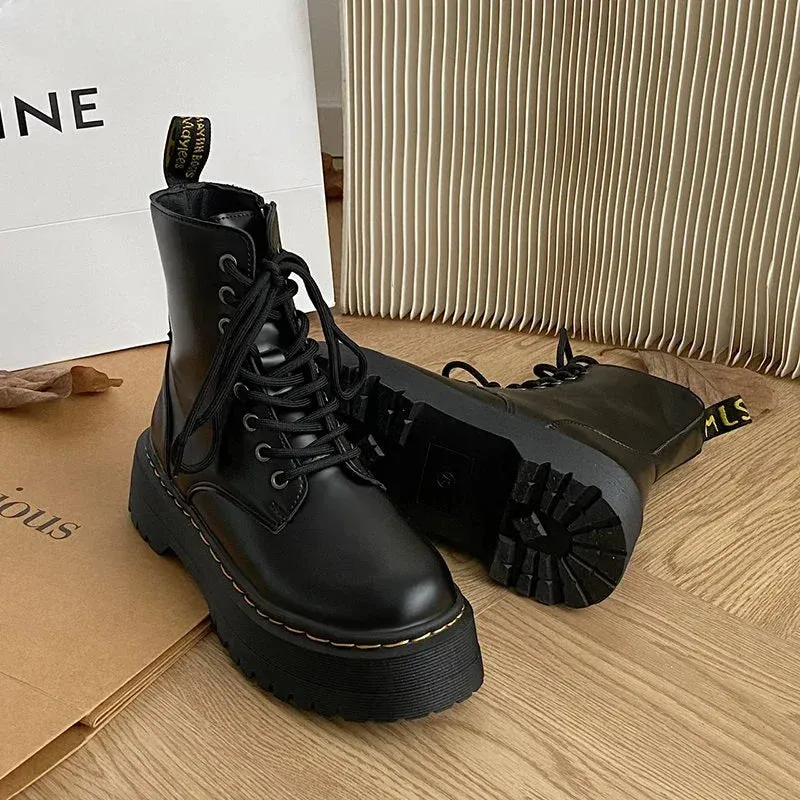 Martens lace up chunky fall winter lace up leather boots for the ladies