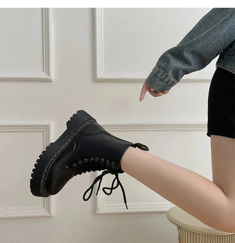 Martens lace up chunky fall winter lace up leather boots for the ladies