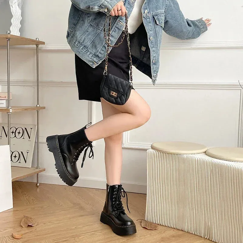 Martens lace up chunky fall winter lace up leather boots for the ladies