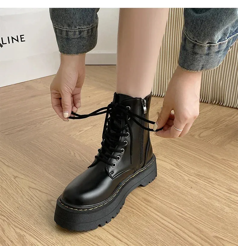 Martens lace up chunky fall winter lace up leather boots for the ladies