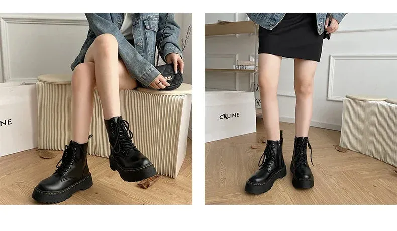 Martens lace up chunky fall winter lace up leather boots for the ladies
