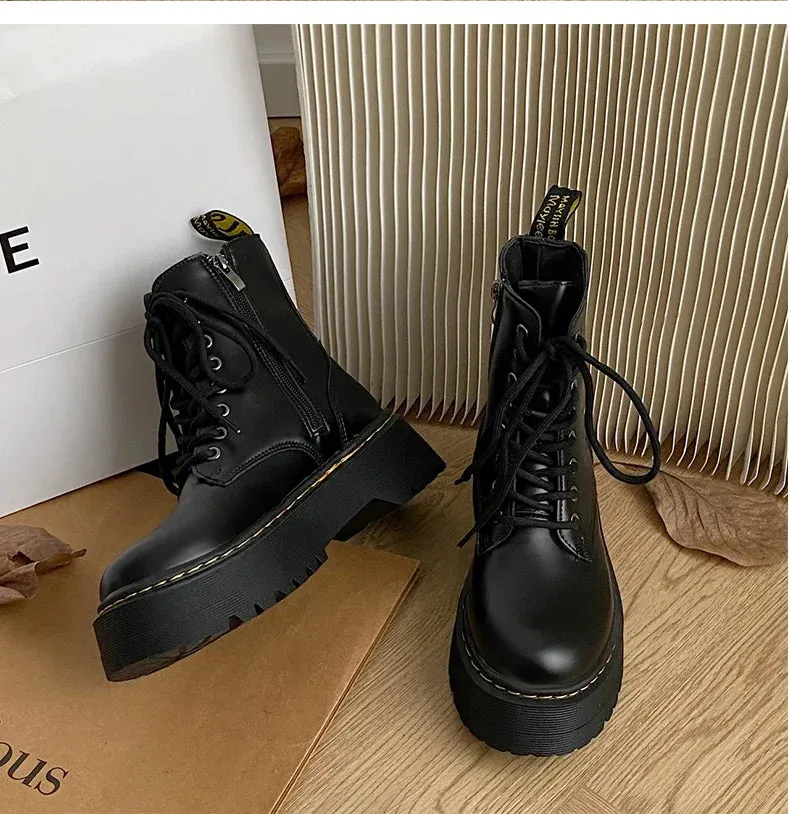 Martens lace up chunky fall winter lace up leather boots for the ladies