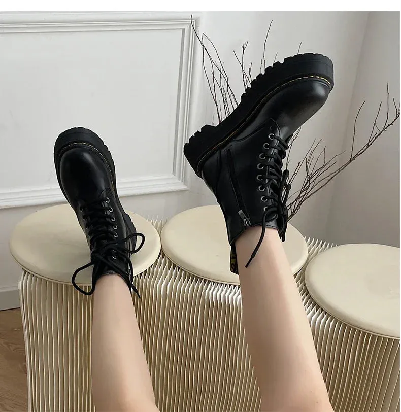 Martens lace up chunky fall winter lace up leather boots for the ladies
