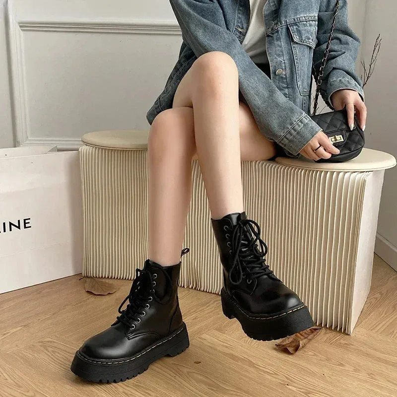 Martens lace up chunky fall winter lace up leather boots for the ladies