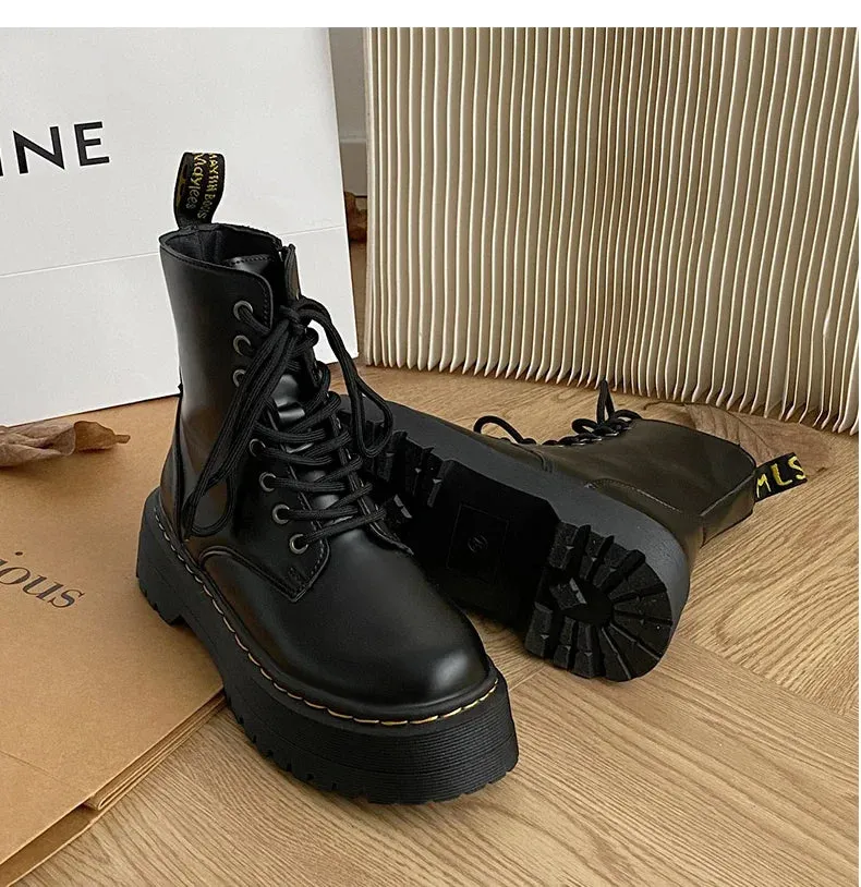 Martens lace up chunky fall winter lace up leather boots for the ladies