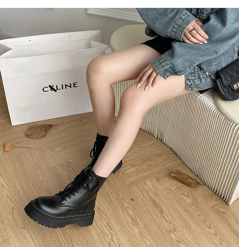 Martens lace up chunky fall winter lace up leather boots for the ladies