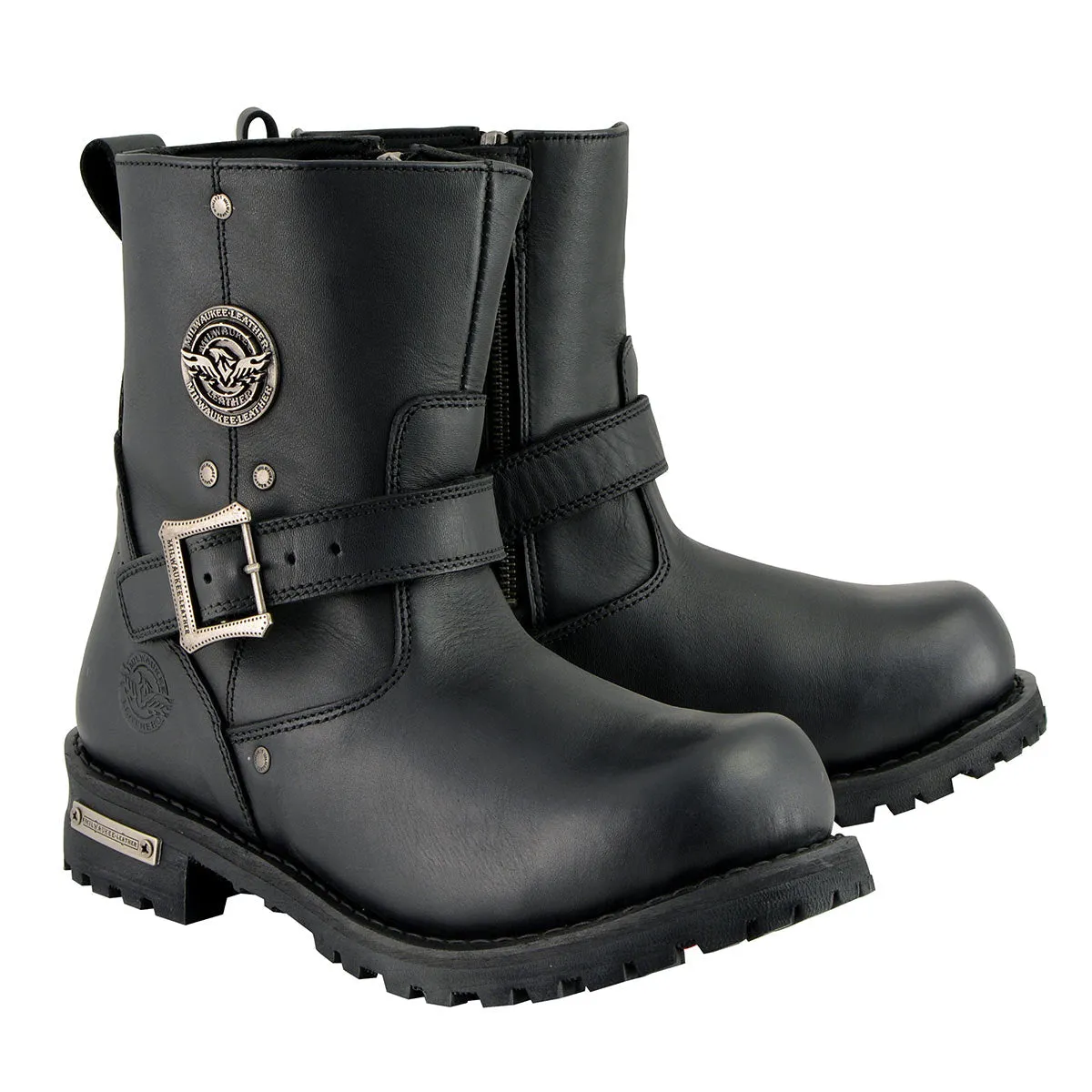 Milwaukee Leather MBM9040W Men's Black 'Wide Width' 6-inch Classic Engineer Motorcycle Leather Boots with Side Zipper