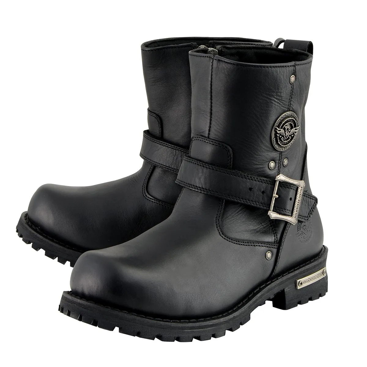 Milwaukee Leather MBM9040W Men's Black 'Wide Width' 6-inch Classic Engineer Motorcycle Leather Boots with Side Zipper