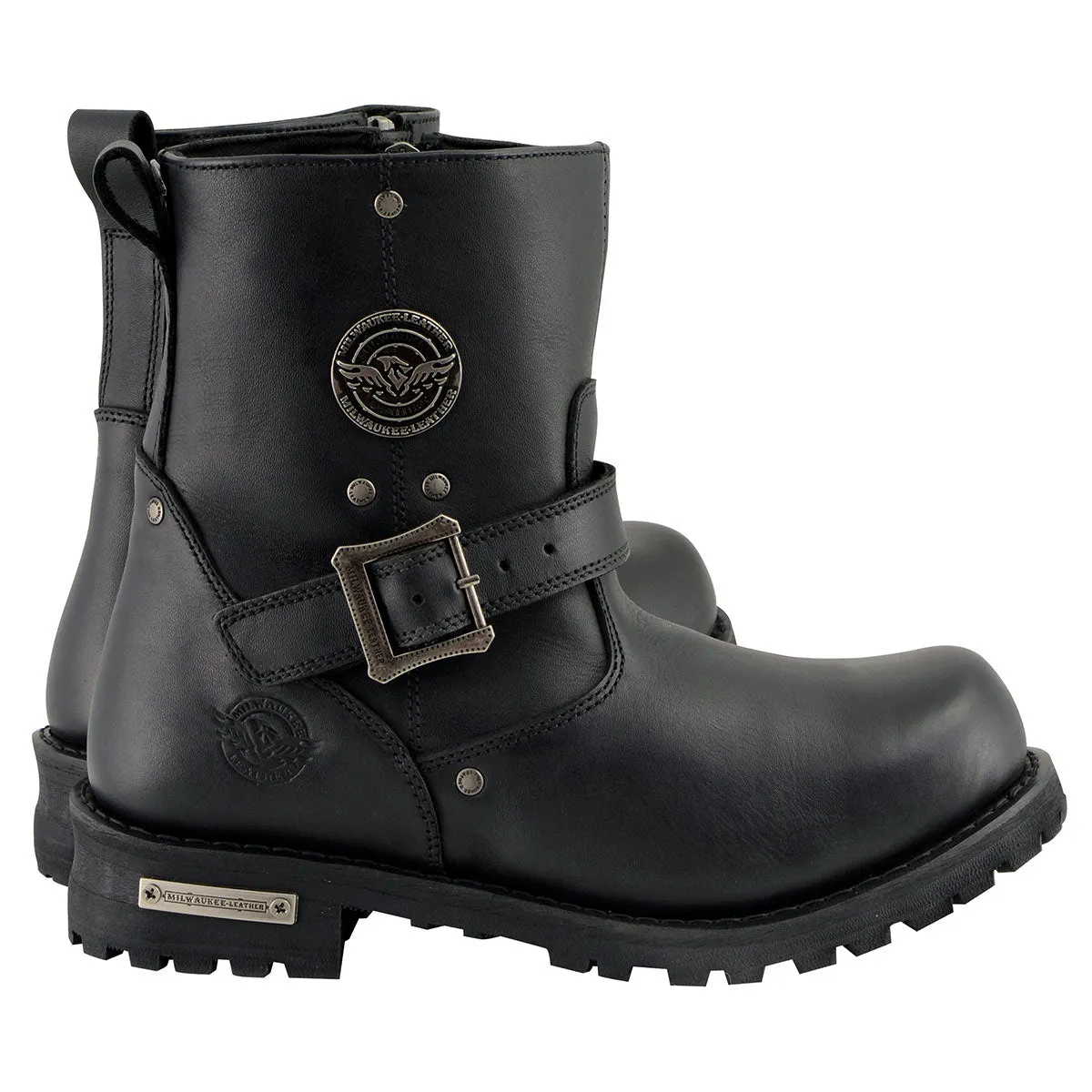 Milwaukee Leather MBM9040W Men's Black 'Wide Width' 6-inch Classic Engineer Motorcycle Leather Boots with Side Zipper