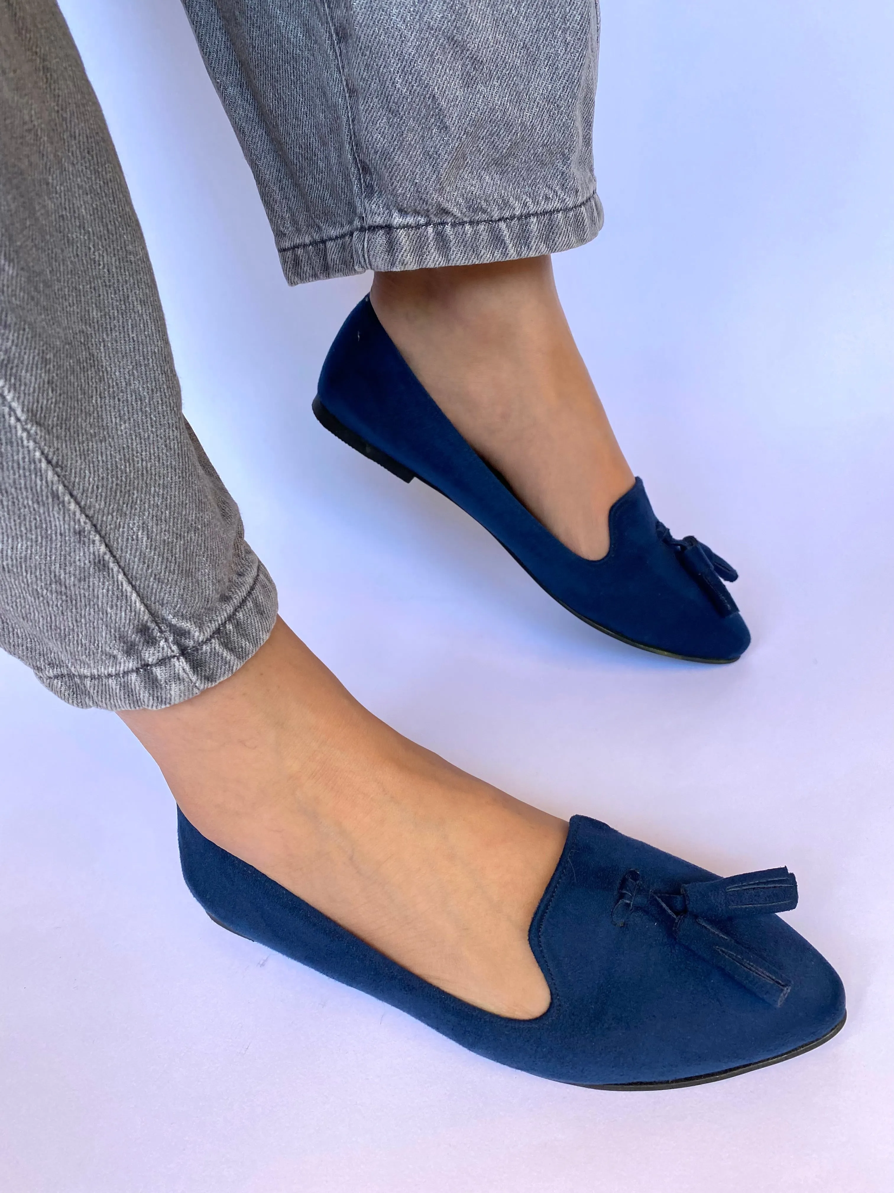 Navy Blue Classic Pointed Tasseled Flats