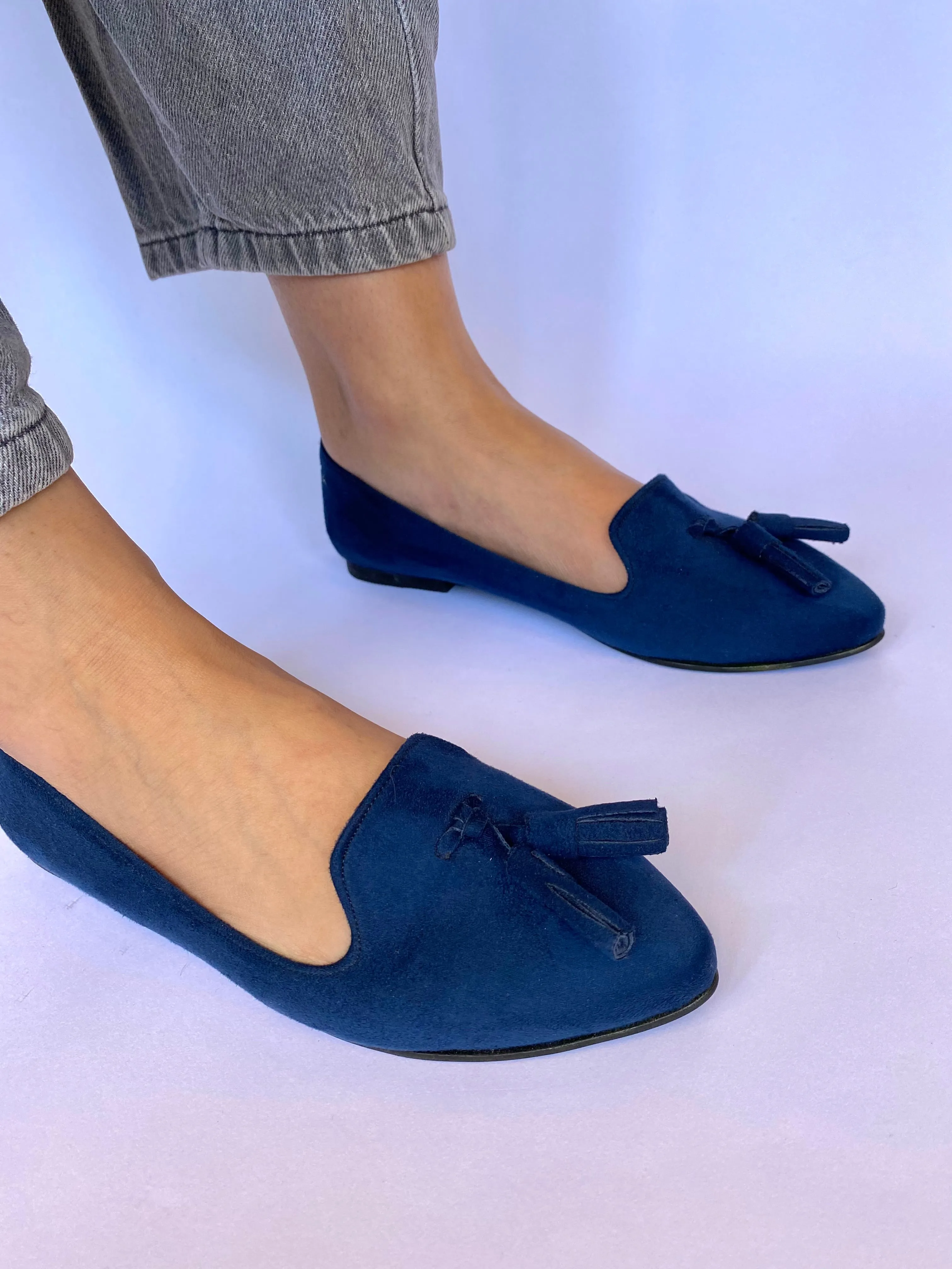 Navy Blue Classic Pointed Tasseled Flats