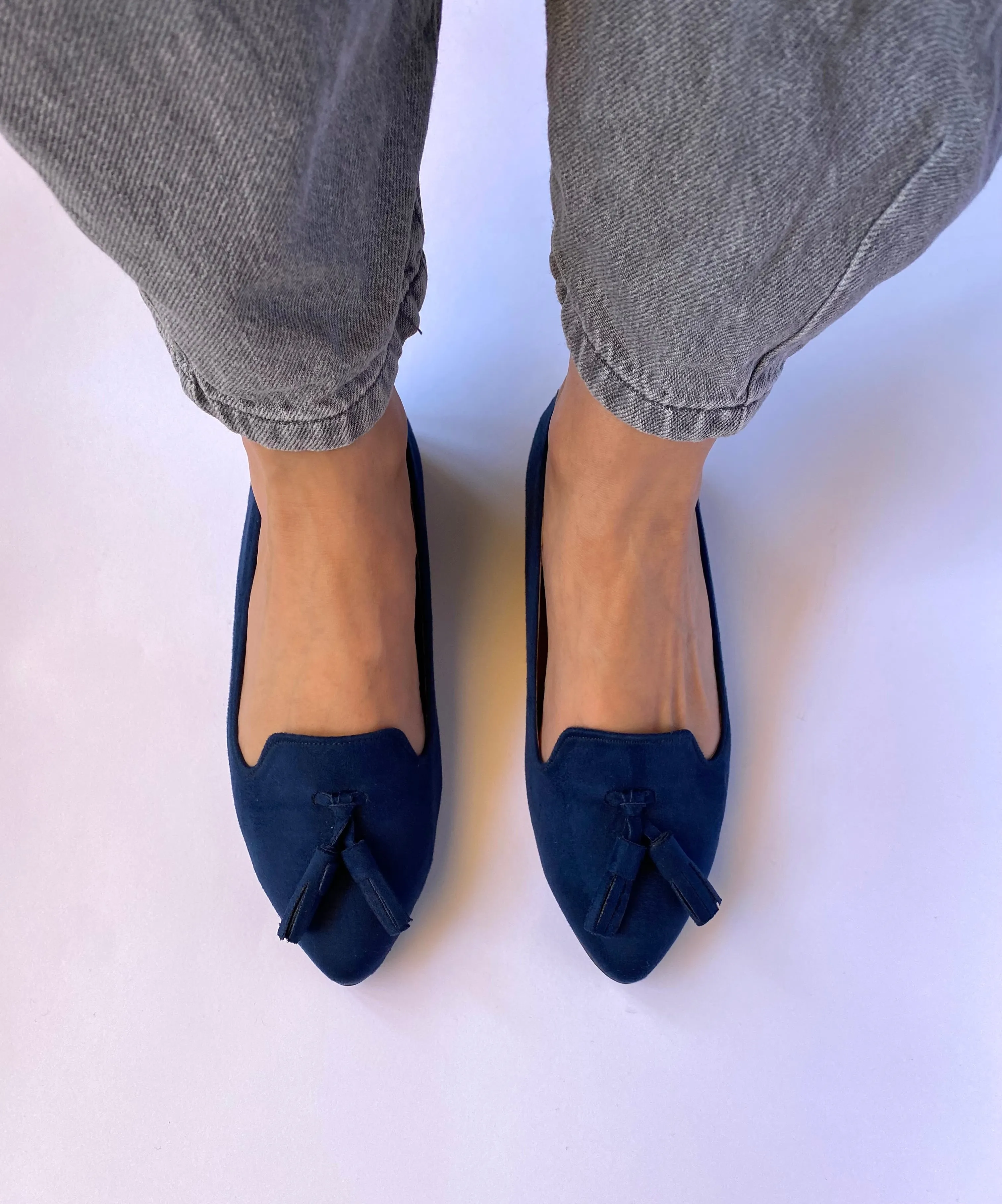 Navy Blue Classic Pointed Tasseled Flats