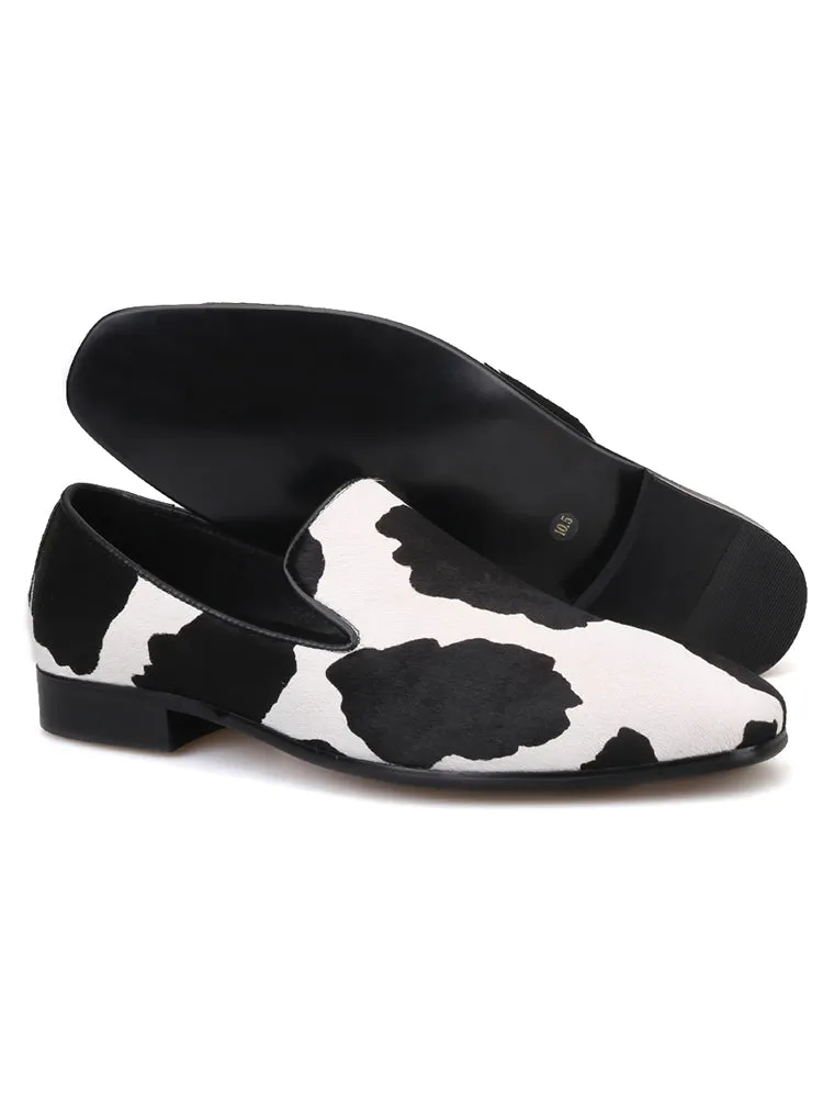 New black and white stitching horse hair handmade loafers trendy party slip-on banquet shoes slip-on smoking shoes