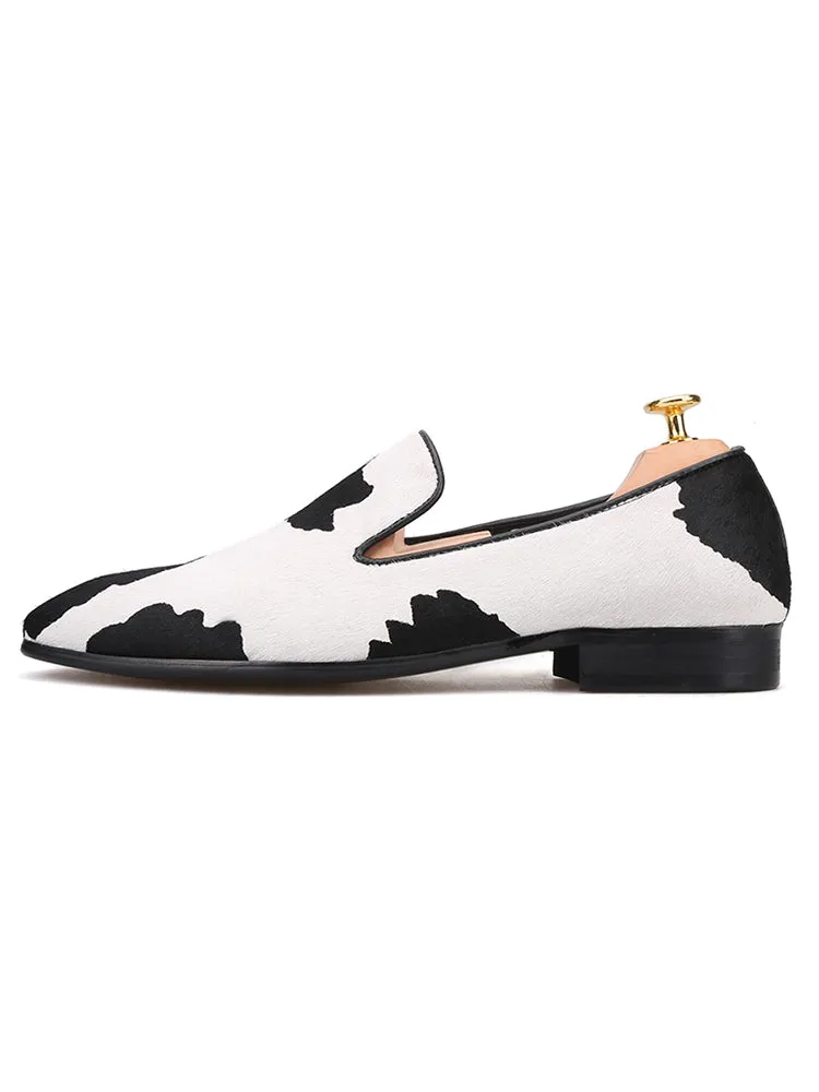 New black and white stitching horse hair handmade loafers trendy party slip-on banquet shoes slip-on smoking shoes