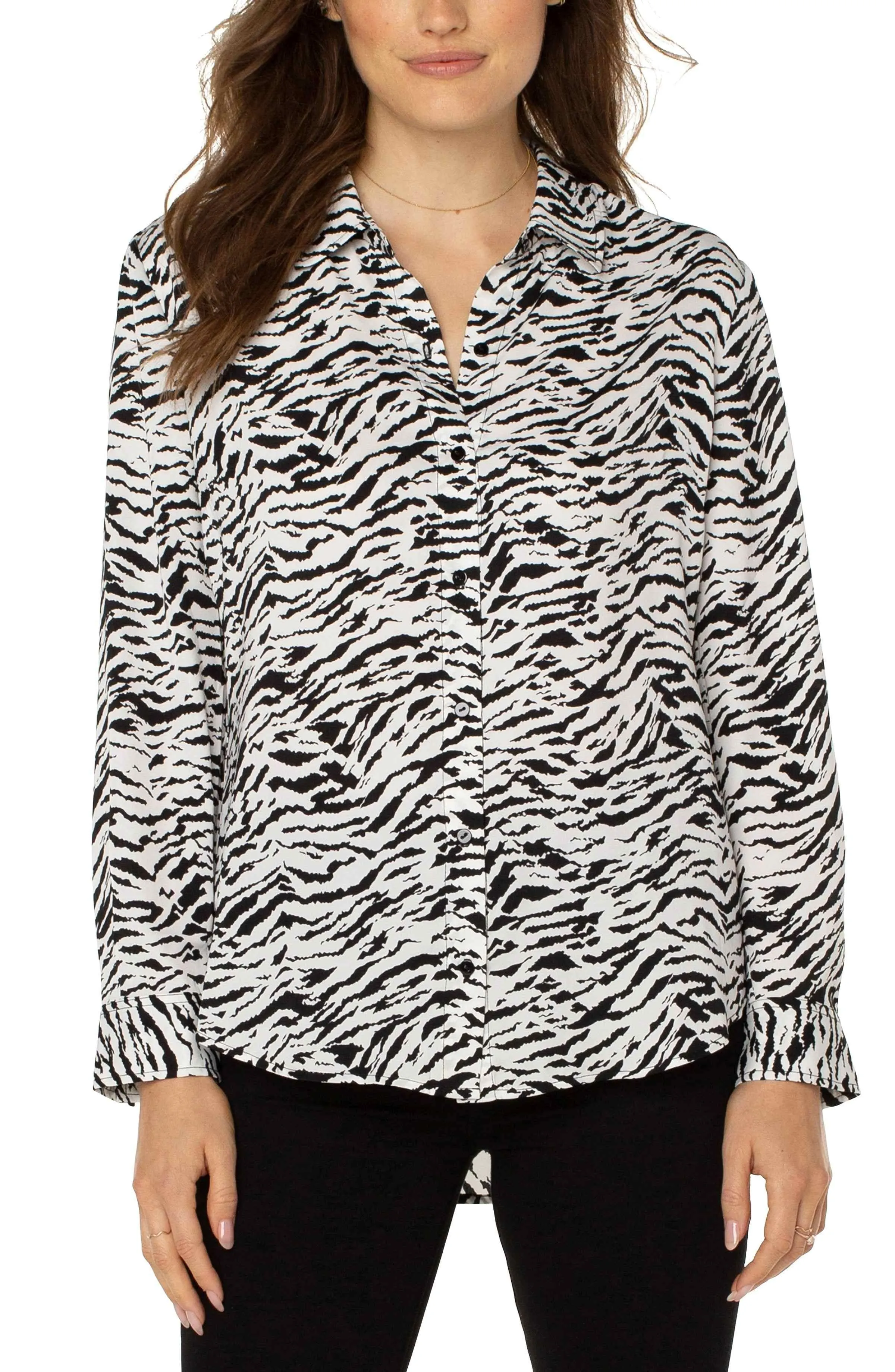 PETITE BUTTON UP WOVEN BLOUSE