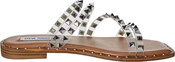Steve Madden Skyler Clear Pearl Pyramid Embellished Slip On Squared Toe Sandals