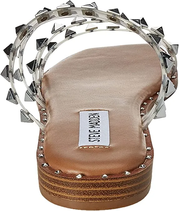 Steve Madden Skyler Clear Pearl Pyramid Embellished Slip On Squared Toe Sandals