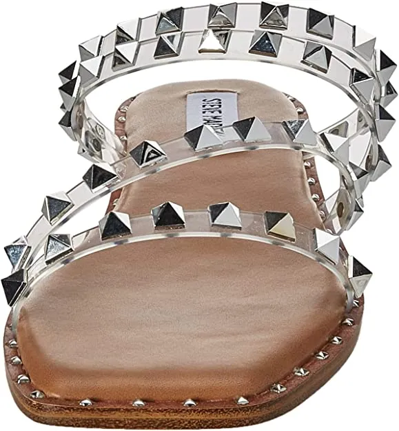 Steve Madden Skyler Clear Pearl Pyramid Embellished Slip On Squared Toe Sandals