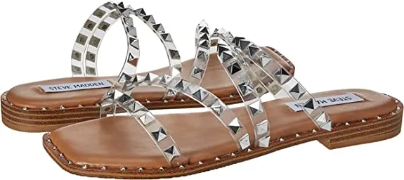 Steve Madden Skyler Clear Pearl Pyramid Embellished Slip On Squared Toe Sandals