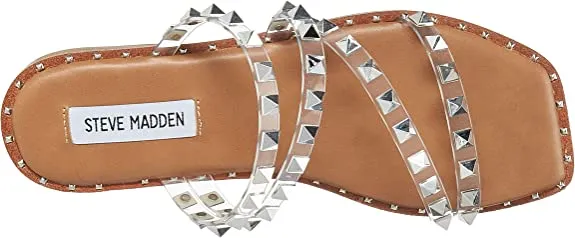 Steve Madden Skyler Clear Pearl Pyramid Embellished Slip On Squared Toe Sandals
