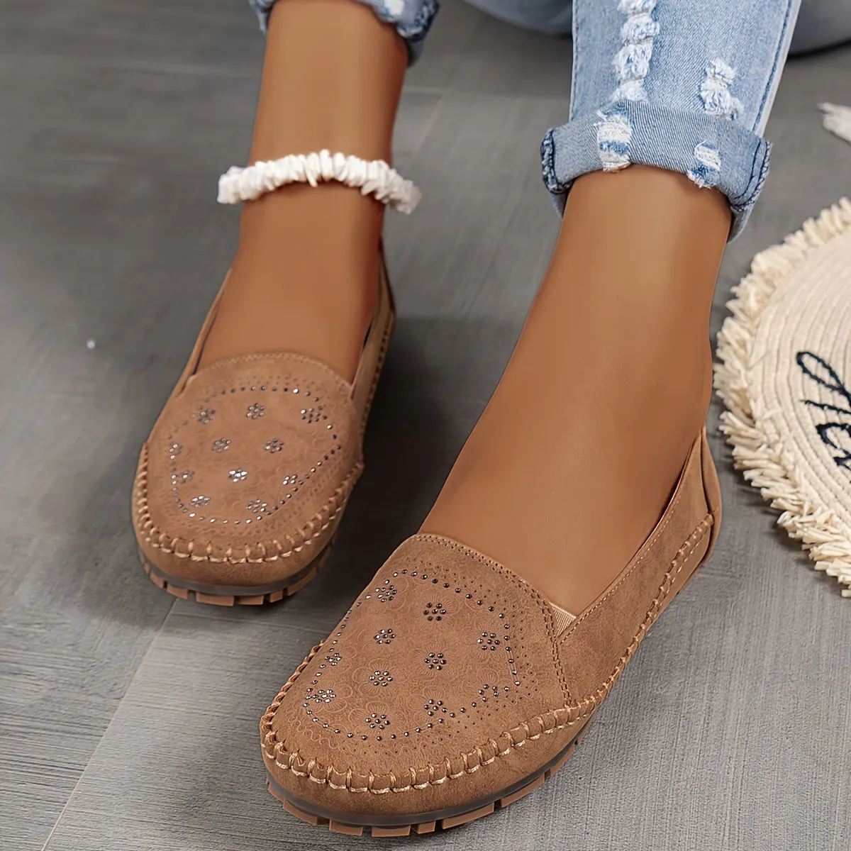 Vintage slip-on sandalen met bloemen voor dames, licht en comfortabel