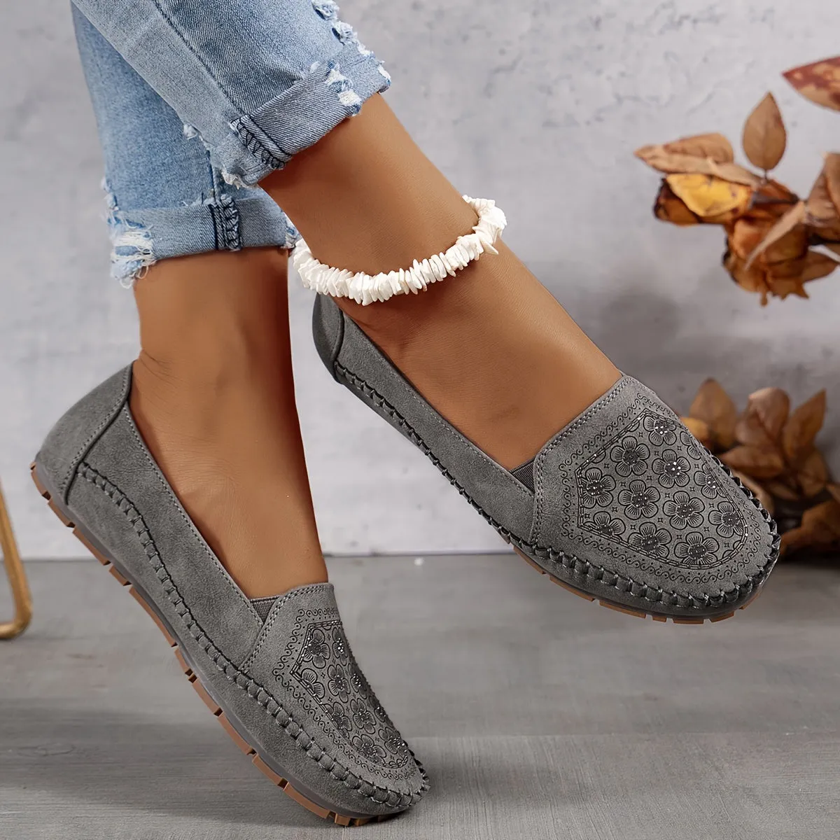 Vintage slip-on sandalen met bloemen voor dames, licht en comfortabel