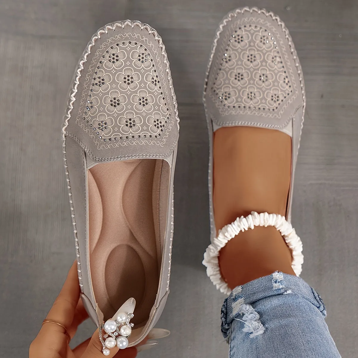 Vintage slip-on sandalen met bloemen voor dames, licht en comfortabel