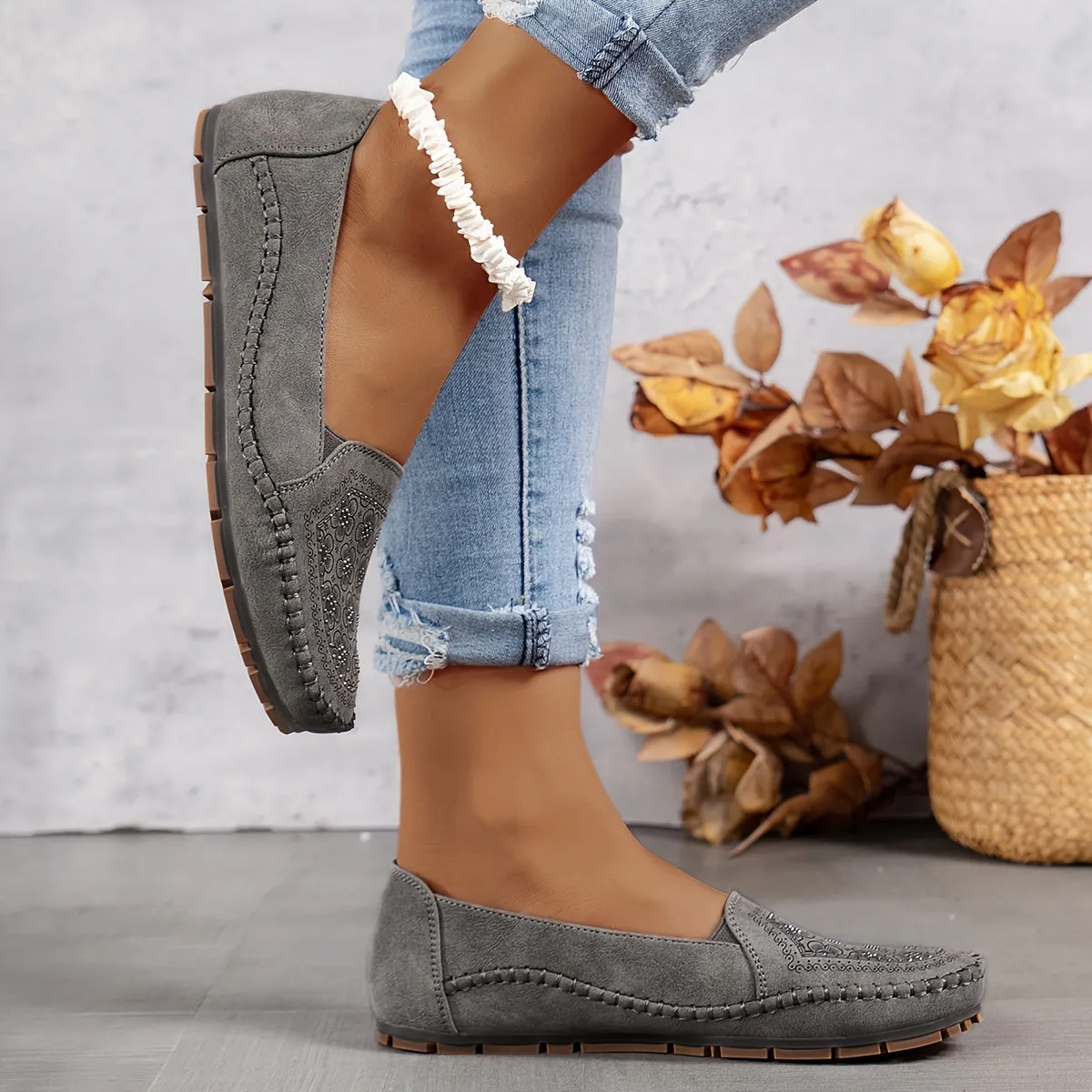 Vintage slip-on sandalen met bloemen voor dames, licht en comfortabel