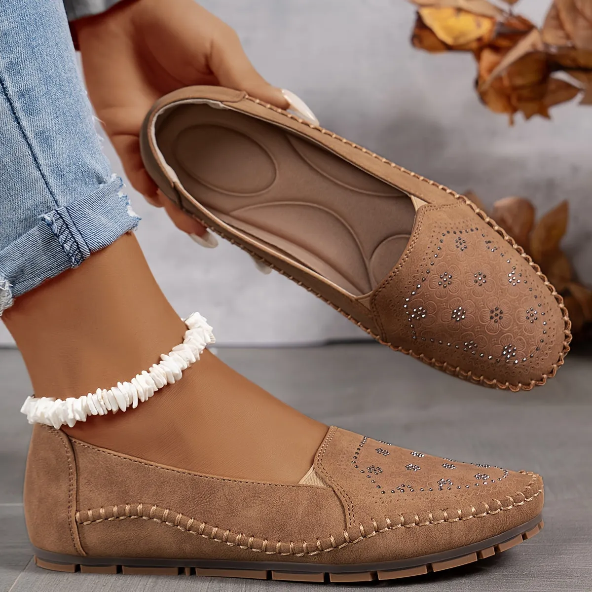 Vintage slip-on sandalen met bloemen voor dames, licht en comfortabel