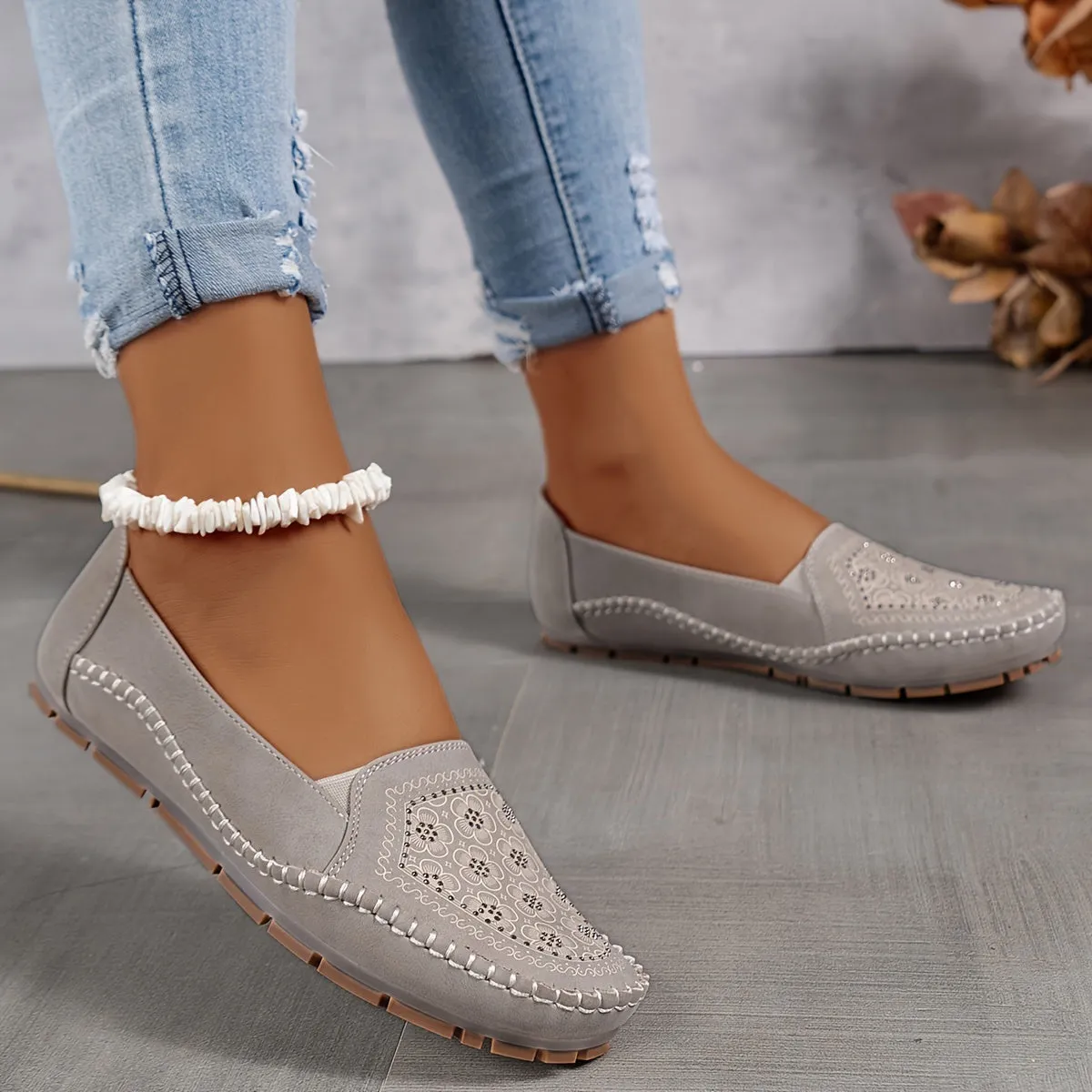 Vintage slip-on sandalen met bloemen voor dames, licht en comfortabel