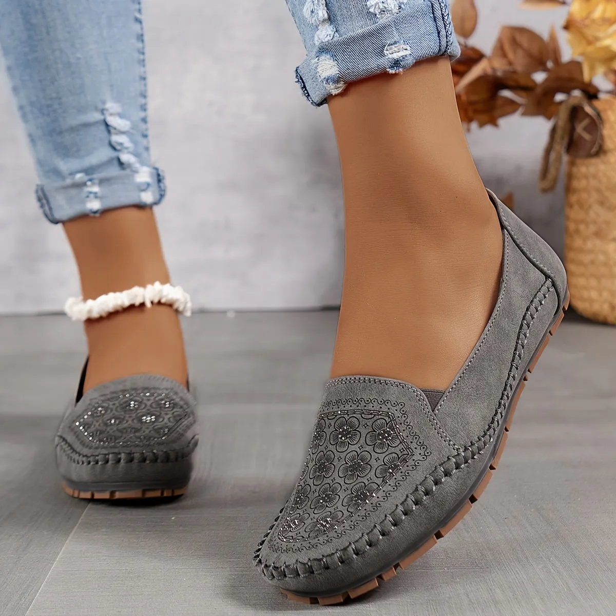 Vintage slip-on sandalen met bloemen voor dames, licht en comfortabel