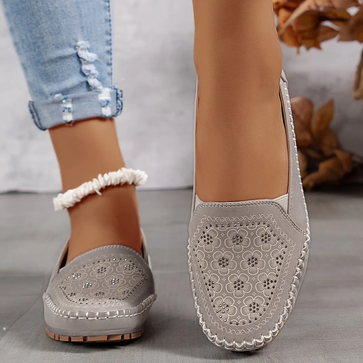 Vintage slip-on sandalen met bloemen voor dames, licht en comfortabel