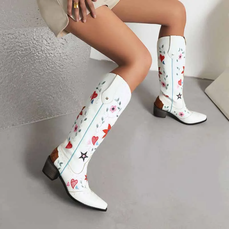Women Cowboy Boots Block Low Heel Chelsea Knee High Boots Retro Floral Bootie