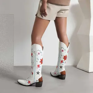 Women Cowboy Boots Block Low Heel Chelsea Knee High Boots Retro Floral Bootie
