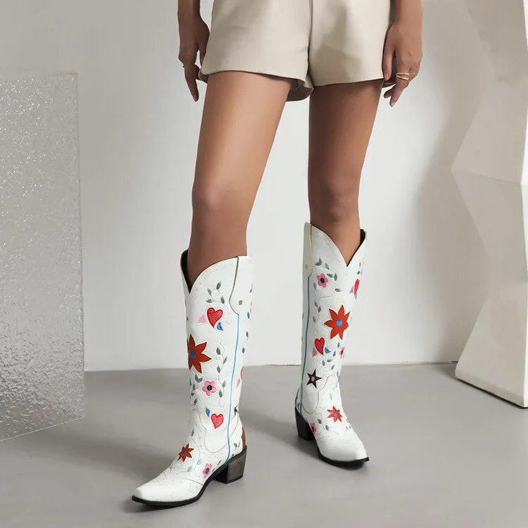 Women Cowboy Boots Block Low Heel Chelsea Knee High Boots Retro Floral Bootie