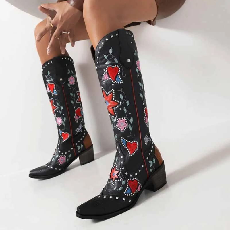 Women Cowboy Boots Block Low Heel Chelsea Knee High Boots Retro Floral Bootie