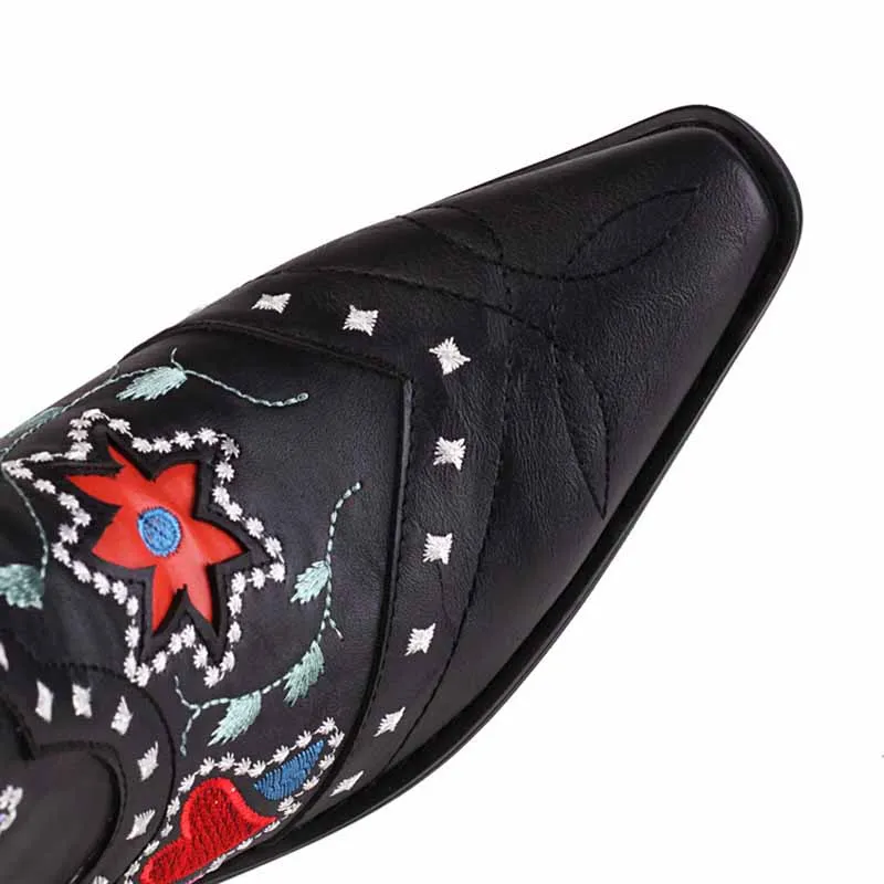 Women Cowboy Boots Block Low Heel Chelsea Knee High Boots Retro Floral Bootie