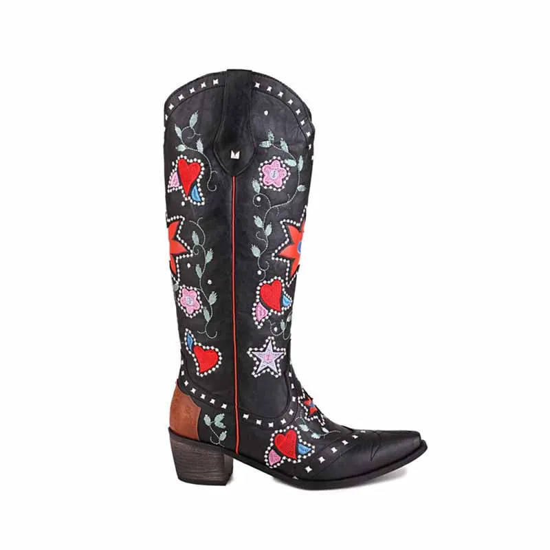 Women Cowboy Boots Block Low Heel Chelsea Knee High Boots Retro Floral Bootie