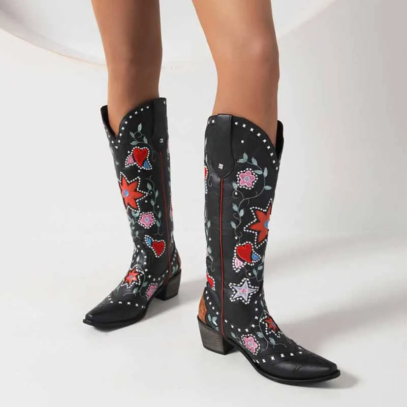 Women Cowboy Boots Block Low Heel Chelsea Knee High Boots Retro Floral Bootie